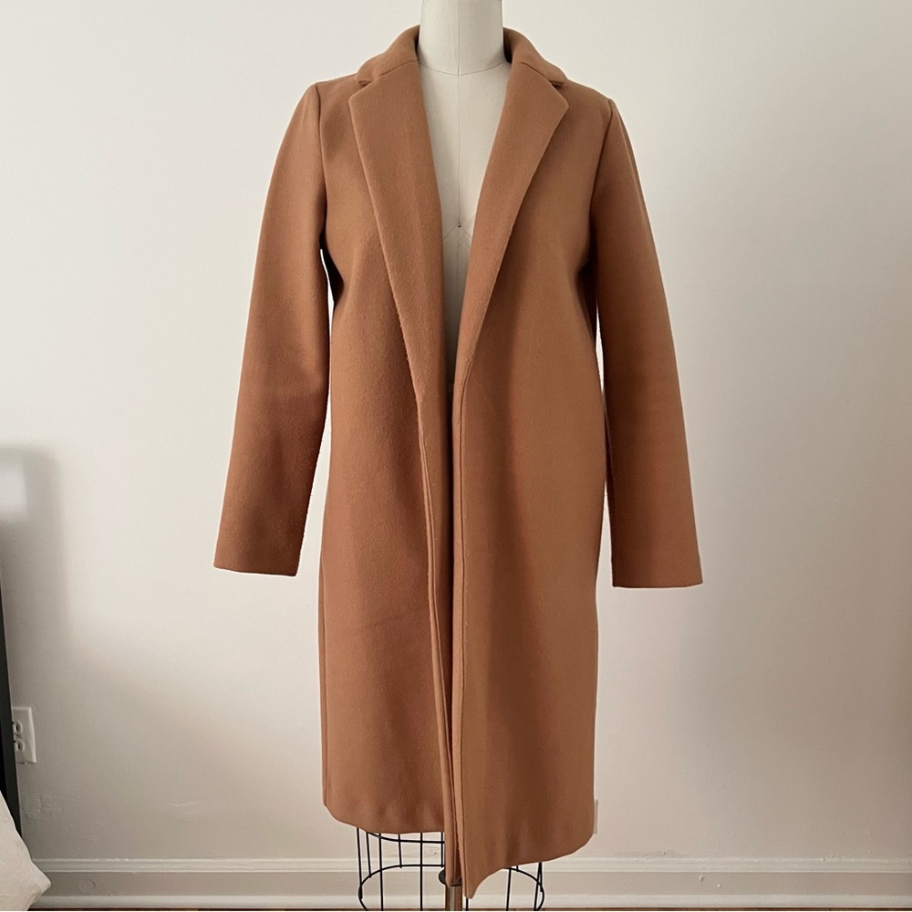 ZARA Camel Tan Faux Wool Shawl Collared Front Coat w/ Side Pockets M